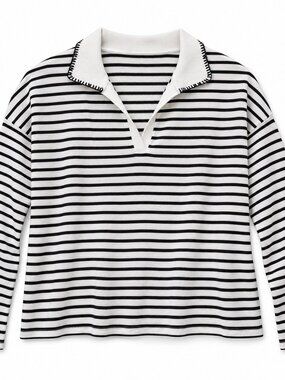 Belldini Black White Striped Collared Knit Top Small Relaxed Fit